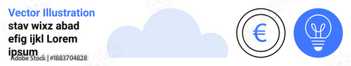 Cloud computing, digital currency, innovation, financial technology, data sharing, sustainability. Minimal design of a cloud, Euro symbol and light bulb. Cloud computing and digital currency concept