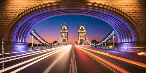 Tower Bridge London Cityscape Illustration with Vibrant Lighting Effects and Dynamic Traffic Motion at Dusk Scene