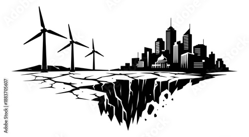 Graphic style illustration of wind turbines and a city depicting environmental degradation for climate crisis awareness