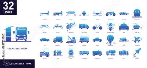  Transportation glyph gradient icon set
