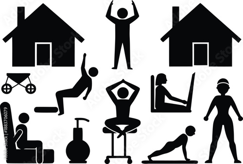 Home fitness and exercise icons with medical and daily living elements