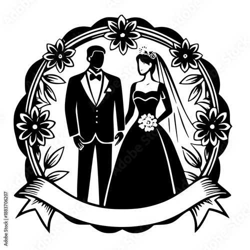 bride and groom in wedding dress , vector illustration of a wedding couple , silhouette of a wedding couple 