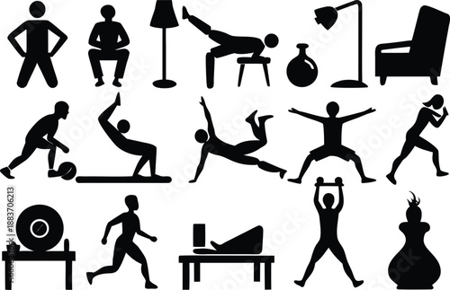 Silhouette collection of people engaged in various fitness and home activities