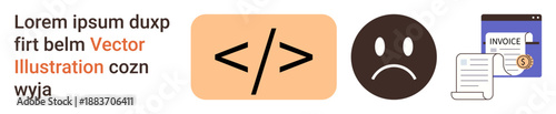 Coding issues, emotions, billing, financial errors, software development, online transactions. Programming code symbol, sad face and invoice. Coding errors and emotions concept