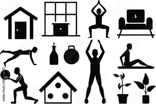 Home fitness and exercise icons, representing various workout and healthy lifestyle activities
