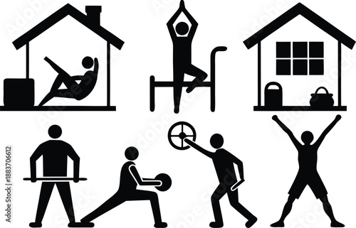 Collection of stylized figures engaged in various activities and exercises