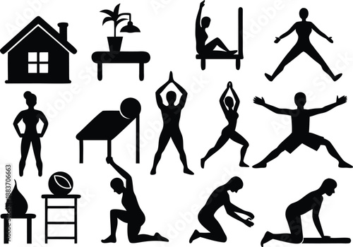 Diverse silhouette collection of people practicing yoga and fitness at home