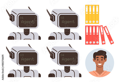 Artificial intelligence, data management, automation, human interaction, technology integration, robotics. Four robot heads labeled Agent, office files and a human face icon. Artificial intelligence