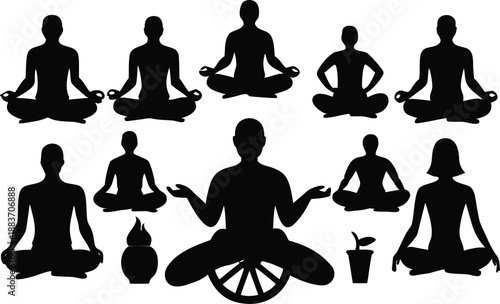 Silhouettes of people meditating in various poses