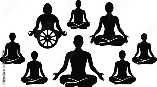 Diverse group meditating in lotus pose with one individual in a wheelchair