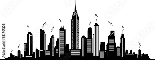 Black urban city skyline silhouette vector illustration featuring modern skyscrapers, downtown architecture, metropolitan horizon, minimalist design isolated on white background,