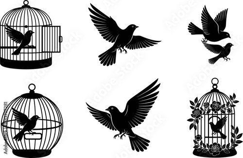 Bird and birdcage silhouette collection showing flying birds and decorative cages, freedom and captivity concept vector illustration isolated on white background