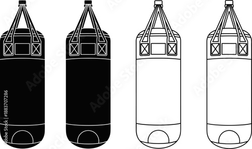 Boxing punching bag vector illustration set isolated on white background, hanging gym training equipment silhouettes for fitness, workout, martial arts and combat sports design