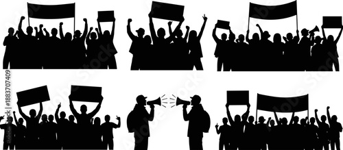 Collection of protest crowd silhouettes with banners, flags and megaphones representing political activism, social movements, public demonstrations, freedom of speech, civic engagement concepts