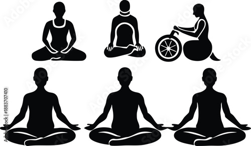 Silhouettes of people meditating in various yoga poses