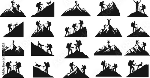 Collection of mountain climbing silhouettes showing hikers and dogs reaching summits, teamwork and adventure concept, outdoor exploration, hiking success and leadership illustration set