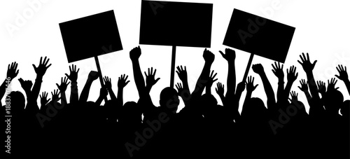Crowd protest silhouette with raised hands and blank placards, public demonstration concept, social movement illustration, freedom expression theme, activism background, political rally energy