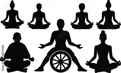 Diverse group of people meditating in various poses including a wheelchair user