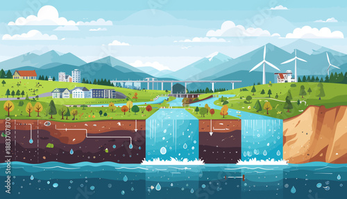 Detailed illustration of a sustainable landscape with water management, renewable energy, and underground infrastructure.