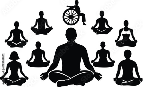 Diverse group of people meditating in lotus pose and one in wheelchair
