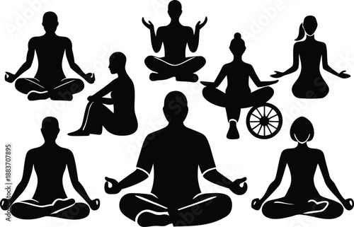 Group of silhouettes meditating in various yoga poses