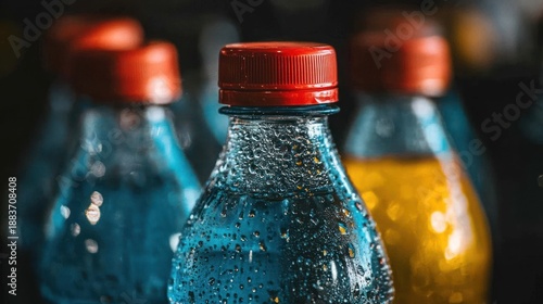 Close-up of chilled plastic soda bottles