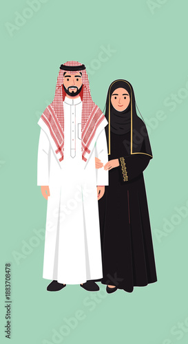 Illustration of a Middle Eastern couple, a man in traditional thobe and ghutra with a woman in abaya and hijab, standing together.