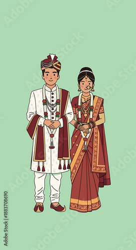 An illustration of an Indian bride and groom standing together in traditional wedding attire.