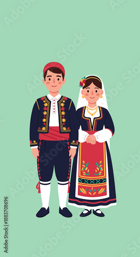 A charming illustration of a man and woman wearing traditional, colorful European folk costumes.