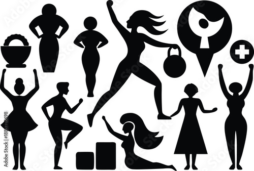 Diverse silhouettes of women engaged in fitness and healthy activities