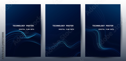 Technology Banner Poster set. Futuristic digital data wave glowing lines. Data science concept tech banner, corporate business presentation or booklet technology