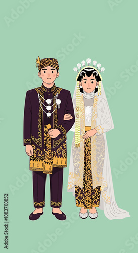 Illustration of a Javanese couple in traditional wedding attire, showcasing cultural heritage.