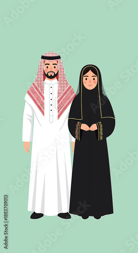 A vector illustration of an Arab couple standing together in traditional Middle Eastern clothing against a plain background.