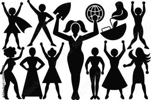 Silhouettes of diverse women celebrating achievements and power