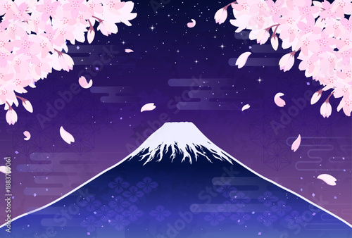夜桜と富士山のイラスト_横