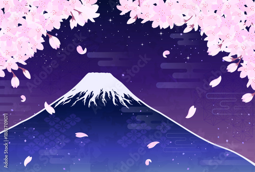 夜桜と富士山のイラスト_横2