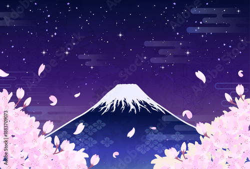 夜桜と富士山のイラスト_横3