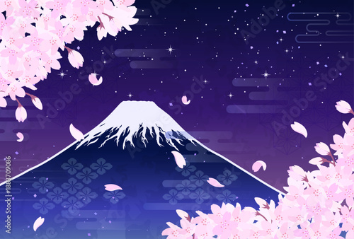 夜桜と富士山のイラスト_横4