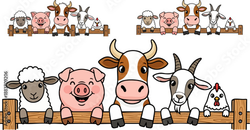 Collection of cute cartoon farm animals peeking over a wooden fence in a repeating pattern on white background