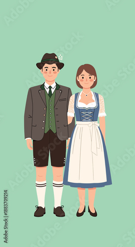 Illustration of a man and woman in traditional Bavarian clothing, standing together.