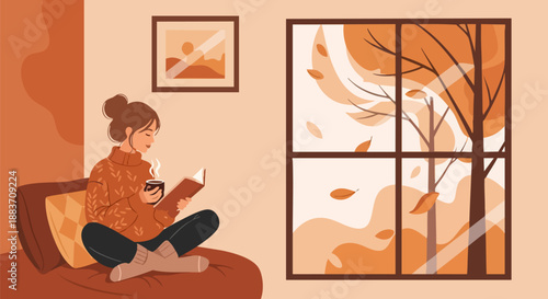 Cozy young woman enjoying a warm beverage while reading a book indoors during autumn on white background