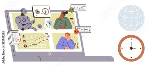 Artificial intelligence, data analytics, online communication, education, behavior analysis, productivity tools. Robot teaching individuals on a laptop, graphs icons and data. Artificial