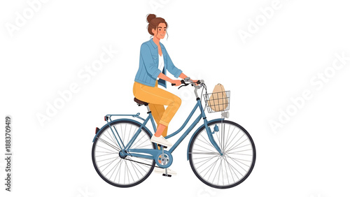 Woman riding a bicycle with a basket full of groceries on a white background