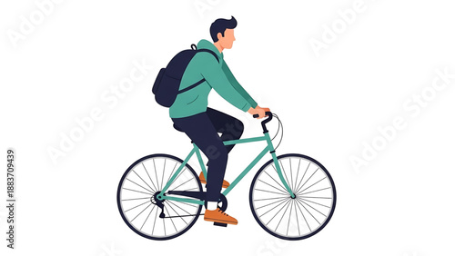 Young man with a backpack rides a bicycle on a white background