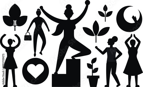 Diverse women silhouettes celebrating achievements and well-being