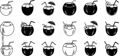Coconut drink illustrations set, tropical beverages in coconut shells with straws umbrellas and fruit, black white vector collection for summer, beach, bar brandingCoconut drink illustrations set,