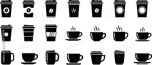 Coffee cup and takeaway mug icon set vector illustration, hot beverage symbols collection, cafe drink silhouettes, minimal black and white design