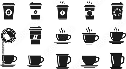 Coffee cup and mug icons set, hot beverage takeaway containers, cafe drink symbols, minimal black vector illustration isolated on white background