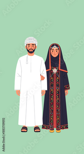 An illustrated Omani couple stands together in traditional national clothing against a green background.