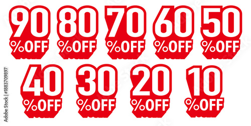 90％OFF・80％OFF・70％OFFなど主要な割引率をまとめたセール用パーセントオフアイコンセット　赤と白のシンプル配色でECサイトや広告に使いやすい割引表示デザイン素材